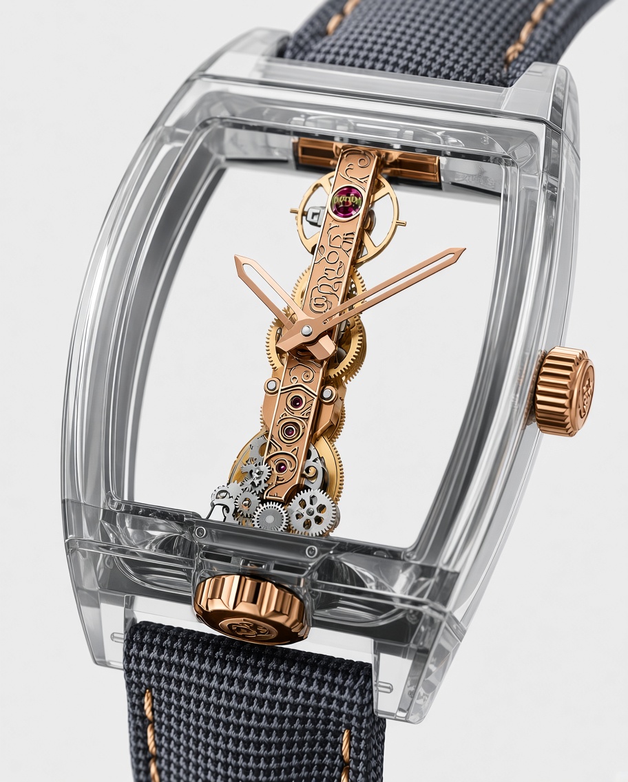 Corum Golden Bridge Sapphire Crystalclose up Corum Golden Bridge Sapphire Crystal